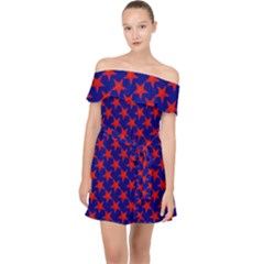 Red Stars Pattern On Blue Off Shoulder Chiffon Dress by BrightVibesDesign