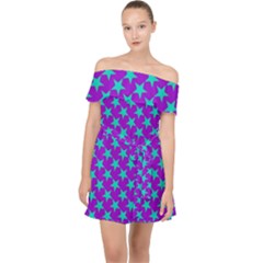 Turquoise Stars Pattern On Purple Off Shoulder Chiffon Dress by BrightVibesDesign