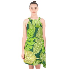 Tropical Green Leaves Halter Collar Waist Tie Chiffon Dress by snowwhitegirl
