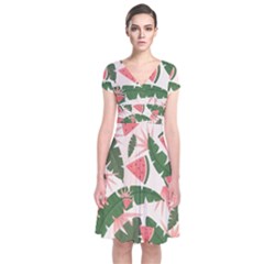 Tropical Watermelon Leaves Pink And Green Jungle Leaves Retro Hawaiian Style Short Sleeve Front Wrap Dress by genx