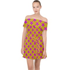 Pink Stars Pattern On Yellow Off Shoulder Chiffon Dress by BrightVibesDesign