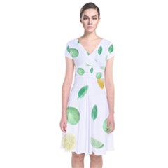 Lemon And Limes Yellow Green Watercolor Fruits With Citrus Leaves Pattern Short Sleeve Front Wrap Dress by genx