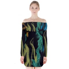 Smoke Rainbow Colors Colorful Fire Long Sleeve Off Shoulder Dress by HermanTelo