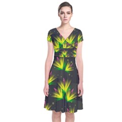 Background Floral Abstract Lines Short Sleeve Front Wrap Dress by Pakrebo