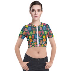 Presents Gifts Background Colorful Short Sleeve Cropped Jacket by HermanTelo