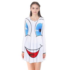 Smiley Face Laugh Comic Funny Long Sleeve V-neck Flare Dress by Sudhe