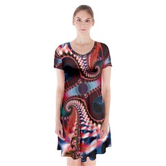 Abstract Fractal Artwork Colorful Art Short Sleeve V-neck Flare Dress by Sudhe