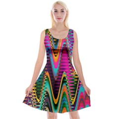 Multicolored Wave Distortion Zigzag Chevrons 2 Background Color Solid Black Reversible Velvet Sleeveless Dress by EDDArt