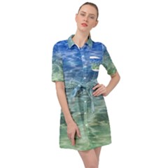 Water Blue Transparent Crystal Belted Shirt Dress by HermanTelo