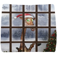 Funny Giraffe  With Christmas Hat Looks Through The Window Seat Cushion by FantasyWorld7