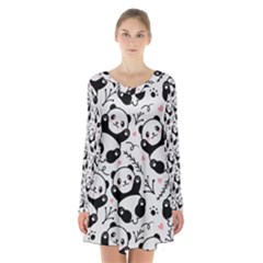 Panda Pattern Long Sleeve Velvet V-neck Dress by Vaneshart