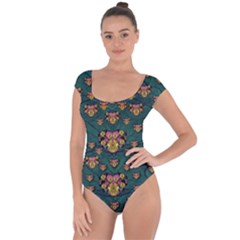 Hearts And Sun Flowers In Decorative Happy Harmony Short Sleeve Leotard  by pepitasart