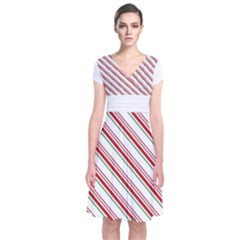 White Candy Cane Pattern With Red And Thin Green Festive Christmas Stripes Short Sleeve Front Wrap Dress by genx
