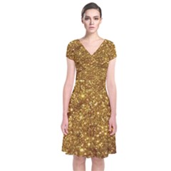 Gold Glitters Metallic Finish Party Texture Background Faux Shine Pattern Short Sleeve Front Wrap Dress by genx