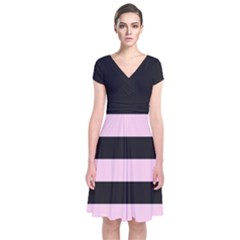 Black And Light Pastel Pink Large Stripes Goth Mime French Style Short Sleeve Front Wrap Dress by genx