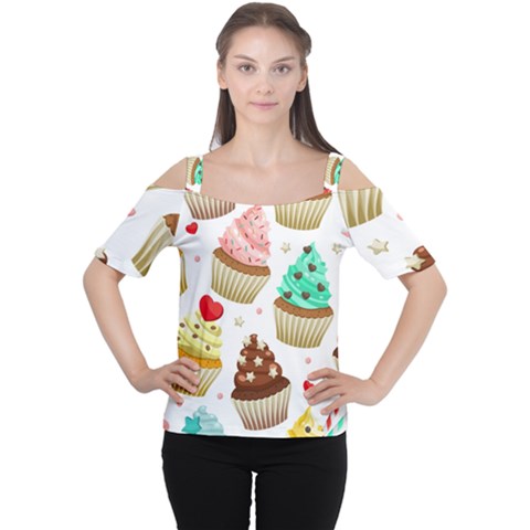 Seamless Pattern Yummy Colored Cupcakes Cutout Shoulder Tee by Nexatart