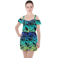 Digital Abstract Ruffle Cut Out Chiffon Playsuit by Sparkle