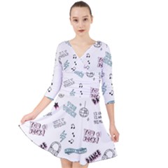 Music Themed Doodle Seamless Background Quarter Sleeve Front Wrap Dress by Vaneshart
