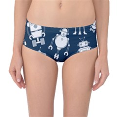 White Robot Blue Seamless Pattern Mid-waist Bikini Bottoms by Vaneshart