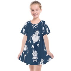 White Robot Blue Seamless Pattern Kids  Smock Dress by Vaneshart