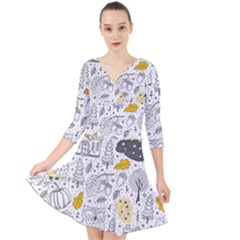 Doodle Seamless Pattern With Autumn Elements Quarter Sleeve Front Wrap Dress by Vaneshart