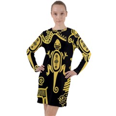 Mexican Culture Golden Tribal Icons Long Sleeve Hoodie Dress by Vaneshart