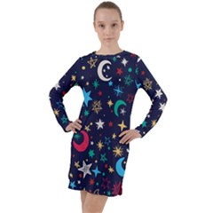 Colorful-background-moons-stars Long Sleeve Hoodie Dress by Vaneshart