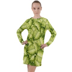 Seamless Pattern With Green Leaves Long Sleeve Hoodie Dress by Vaneshart