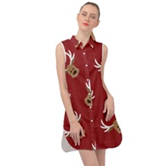 Cute Reindeer Head With Star Red Background Sleeveless Shirt Dress by BangZart