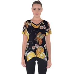 Embroidery Blossoming Lemons Butterfly Seamless Pattern Cut Out Side Drop Tee by BangZart