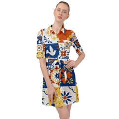 Mexican Talavera Pattern Ceramic Tiles With Flower Leaves Bird Ornaments Traditional Majolica Style Belted Shirt Dress by BangZart