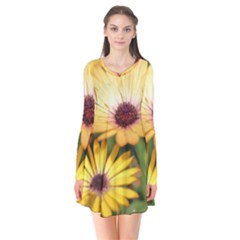 Yellow Flowers Long Sleeve V-neck Flare Dress by Sparkle