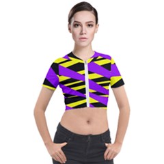 Abstract Triangles, Three Color Dotted Pattern, Purple, Yellow, Black In Saturated Colors Short Sleeve Cropped Jacket by Casemiro