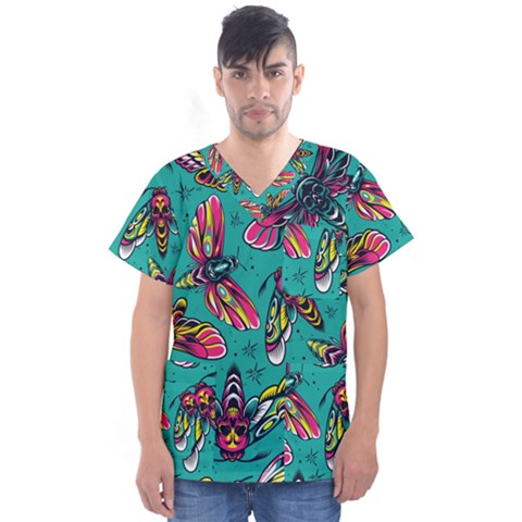 Vintage Colorful Insects Seamless Pattern Men s V-neck Scrub Top by Amaryn4rt