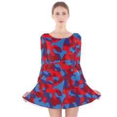 Red And Blue Camouflage Pattern Long Sleeve Velvet Skater Dress by SpinnyChairDesigns