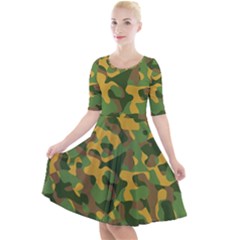 Yellow Green Brown Camouflage Quarter Sleeve A-line Dress by SpinnyChairDesigns