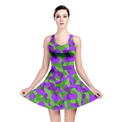 Purple And Green Camouflage Reversible Skater Dress by SpinnyChairDesigns