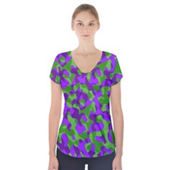 Purple And Green Camouflage Short Sleeve Front Detail Top by SpinnyChairDesigns