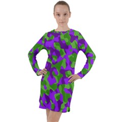 Purple And Green Camouflage Long Sleeve Hoodie Dress by SpinnyChairDesigns