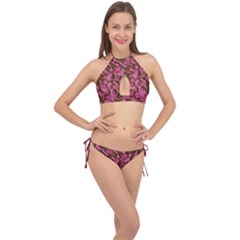 Pink And Brown Camouflage Cross Front Halter Bikini Set by SpinnyChairDesigns
