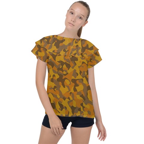 Brown And Orange Camouflage Ruffle Collar Chiffon Blouse by SpinnyChairDesigns