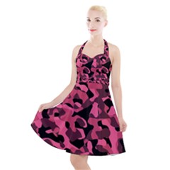 Black And Pink Camouflage Pattern Halter Party Swing Dress  by SpinnyChairDesigns