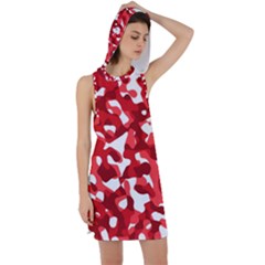 Red And White Camouflage Pattern Racer Back Hoodie Dress by SpinnyChairDesigns
