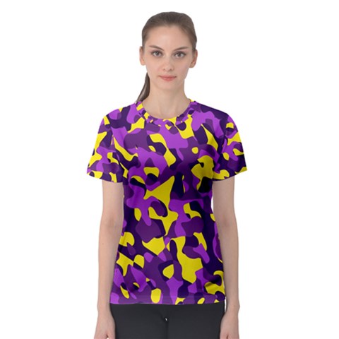 Purple And Yellow Camouflage Pattern Women s Sport Mesh Tee by SpinnyChairDesigns