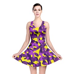 Purple And Yellow Camouflage Pattern Reversible Skater Dress by SpinnyChairDesigns
