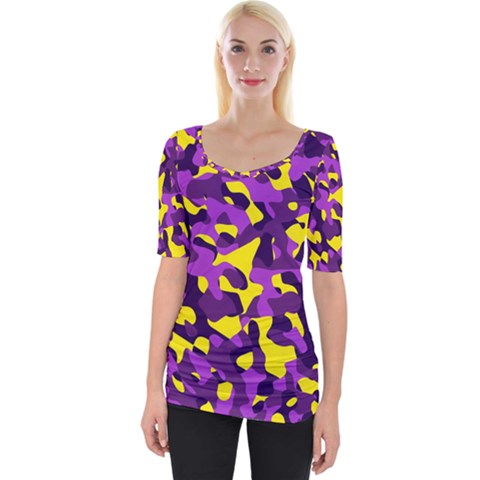 Purple And Yellow Camouflage Pattern Wide Neckline Tee by SpinnyChairDesigns