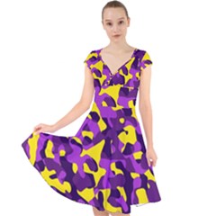 Purple And Yellow Camouflage Pattern Cap Sleeve Front Wrap Midi Dress by SpinnyChairDesigns
