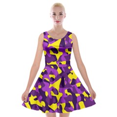 Purple And Yellow Camouflage Pattern Velvet Skater Dress by SpinnyChairDesigns