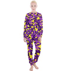 Purple And Yellow Camouflage Pattern Women s Lounge Set by SpinnyChairDesigns