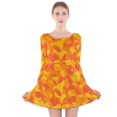 Orange And Yellow Camouflage Pattern Long Sleeve Velvet Skater Dress by SpinnyChairDesigns